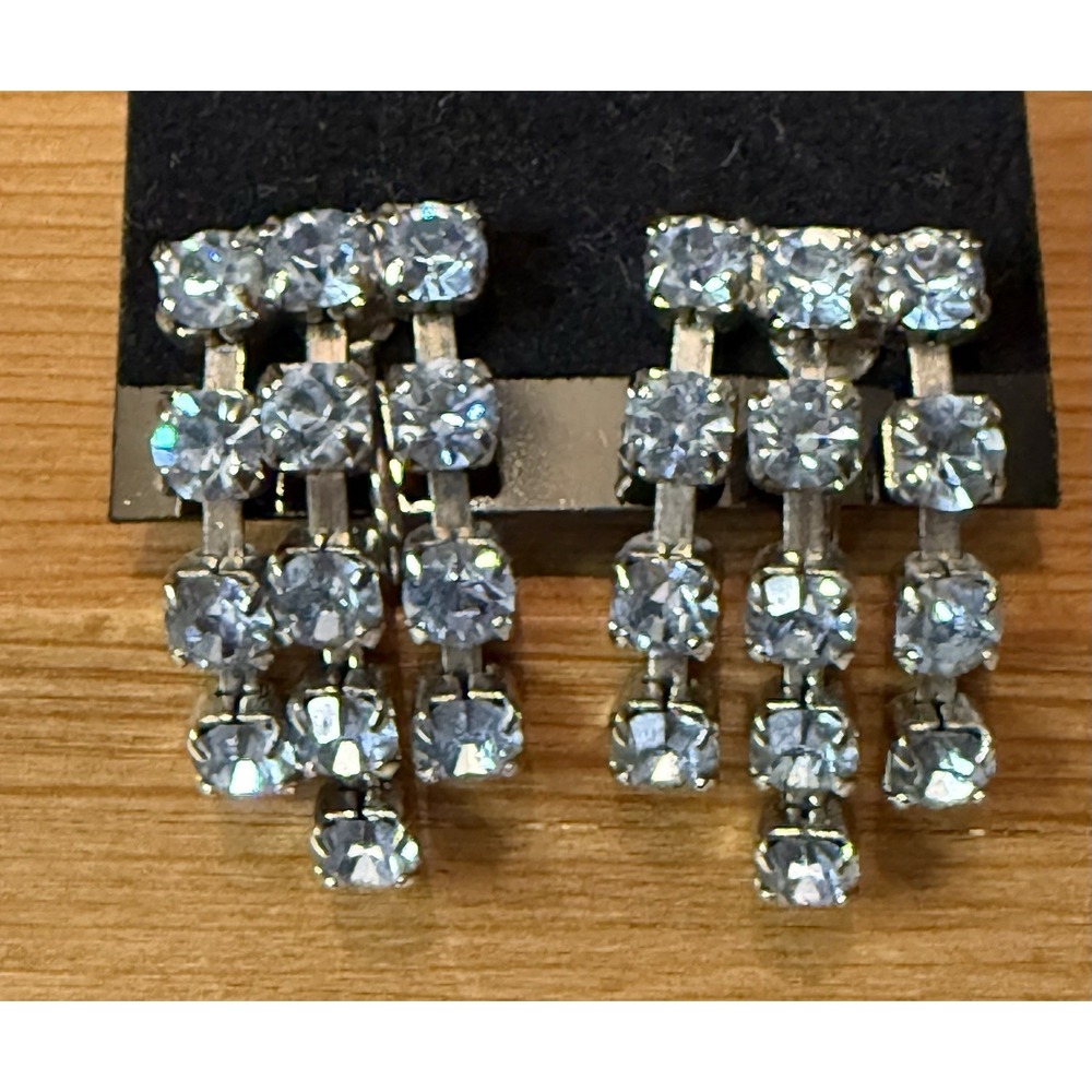 Vintage Blue Rhinestone Dangle Silver Tone Chandelier Screw Back Earrings